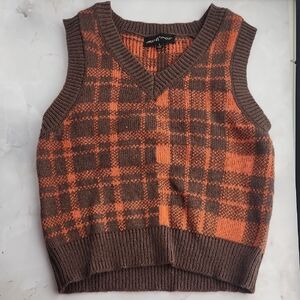 Kids Orange and Brown Plaid V-Neck Sweater Vest